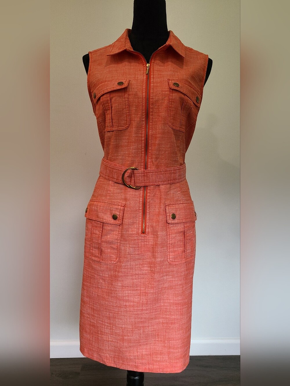 Sharagano Coral-Orange Sleeveless Belted 60's/70's Utility/Safari Style Dress